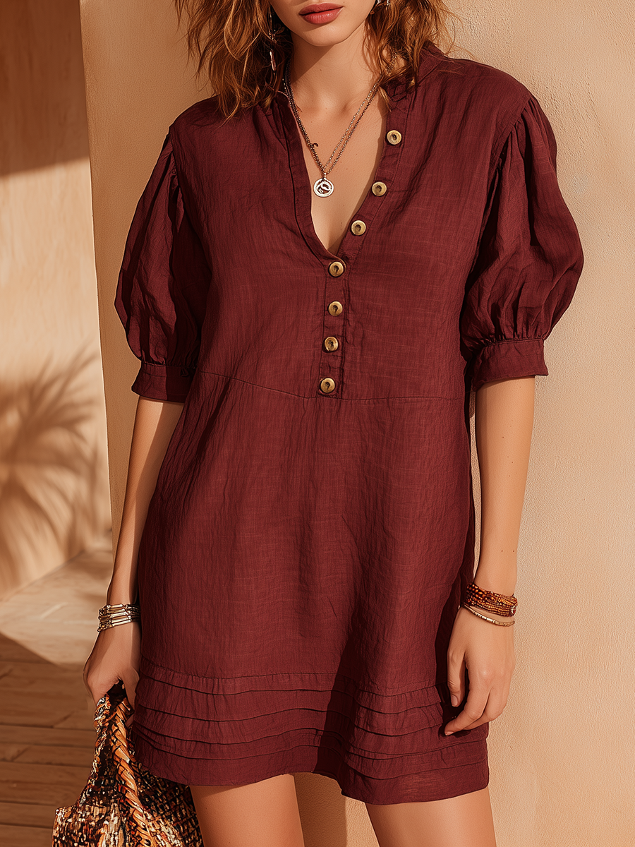 Vacation-Style Red V-Neck Short-Sleeve Mini Dress