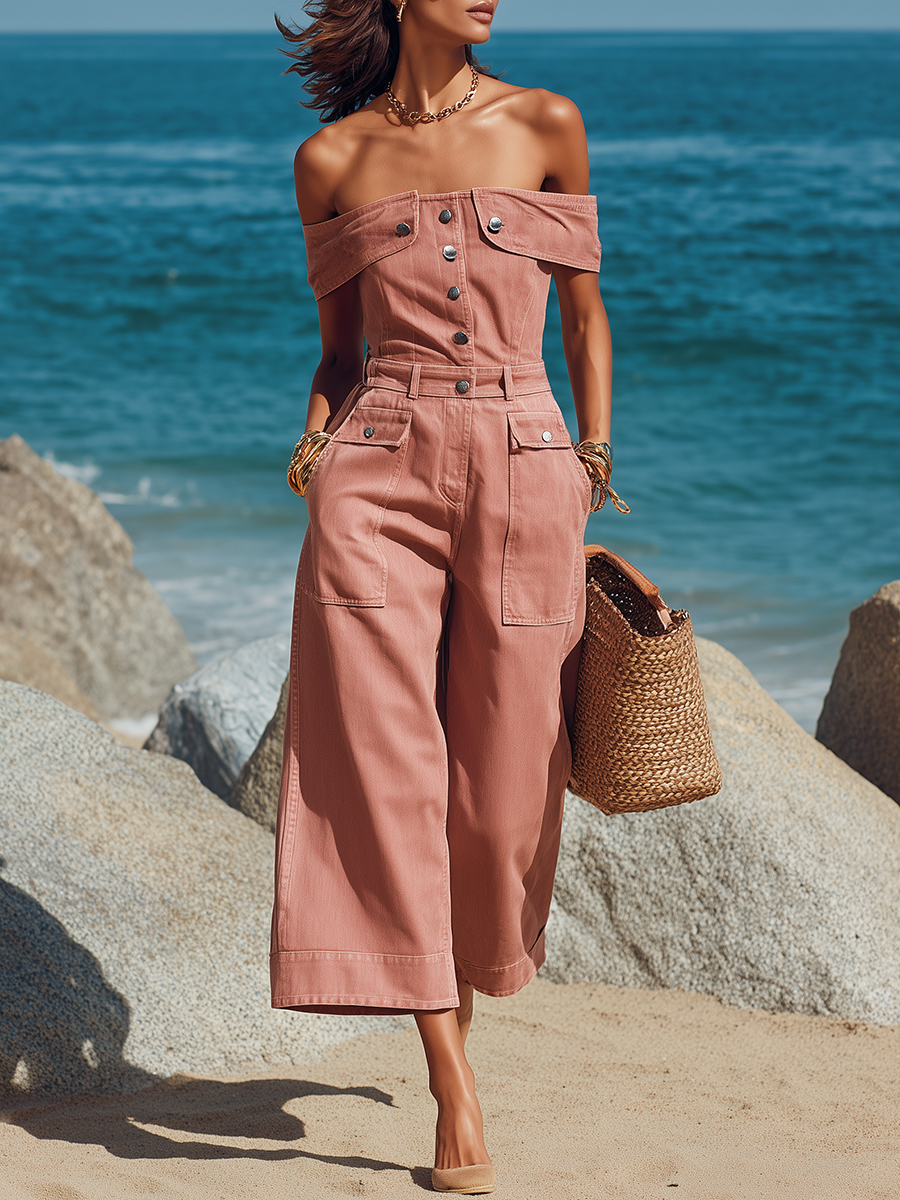 Sophisticated Chic Off-Shoulder Pink Denim Wide-Leg Cropped Jumpsuit
