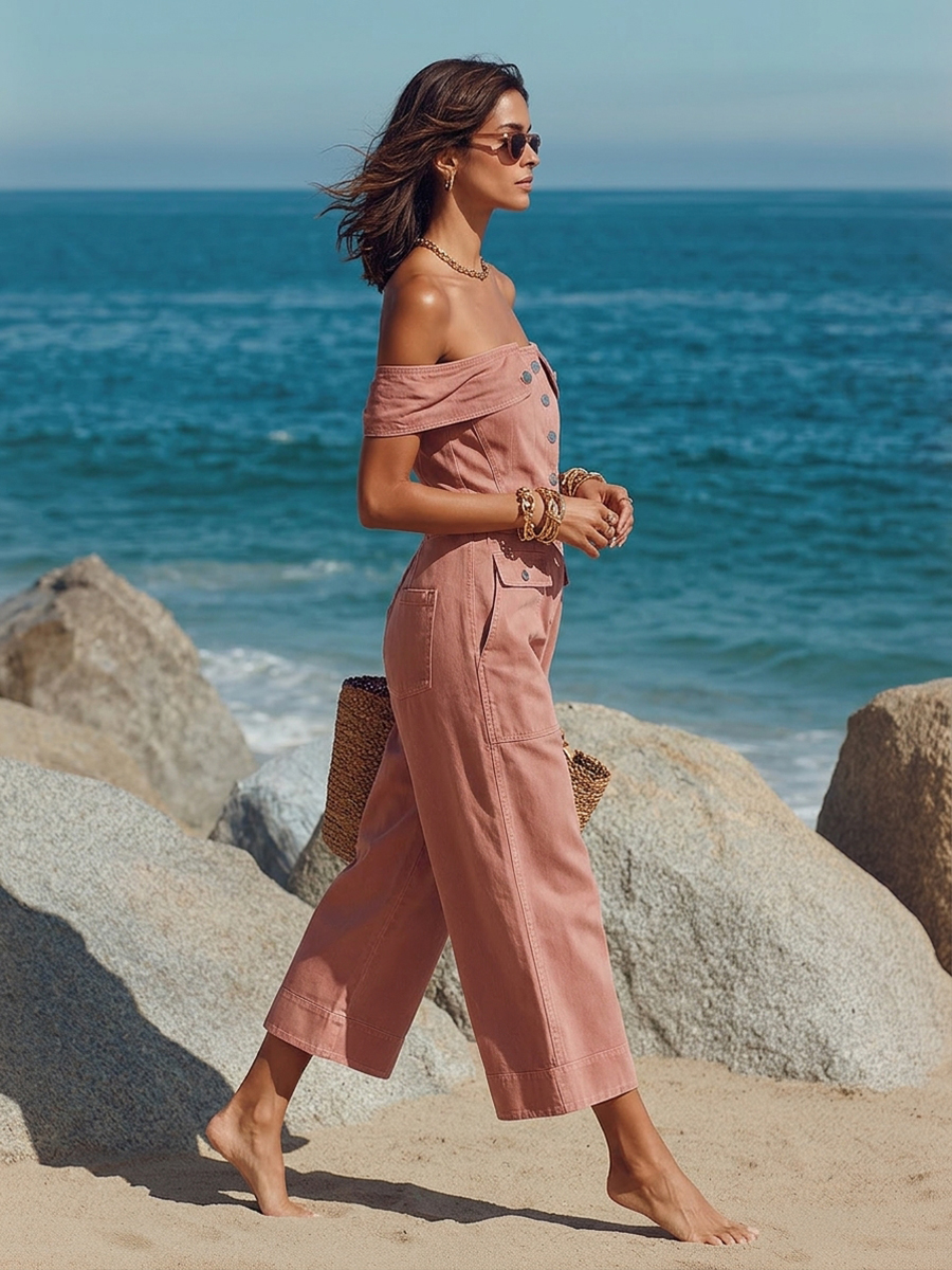 Sophisticated Chic Off-Shoulder Pink Denim Wide-Leg Cropped Jumpsuit