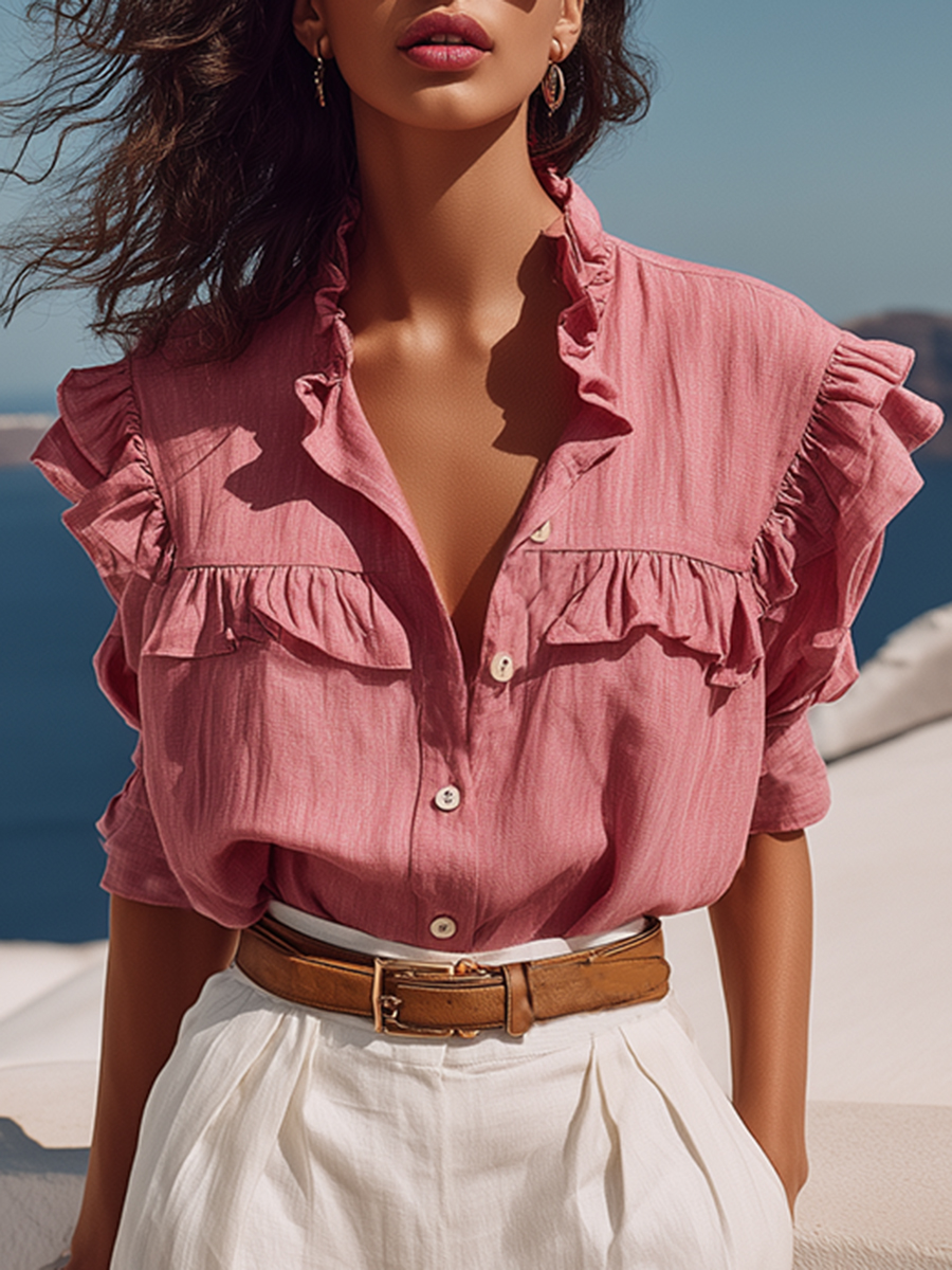 Casual Vacation Pink Cotton Linen Short-Sleeved Shirt With Ruffled Trim And White Cotton Linen Shorts Set