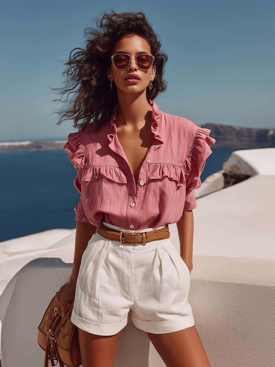 Casual Vacation Pink Cotton Linen Short-Sleeved Shirt With Ruffled Trim And White Cotton Linen Shorts Set