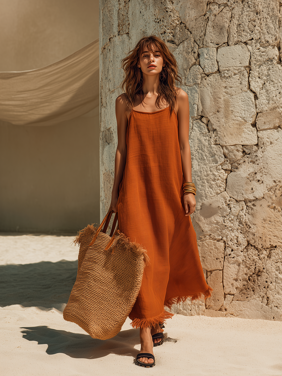 Minimalist Vacation-Style Spaghetti Straps And Tasseled Hem Orange Maxi Dress