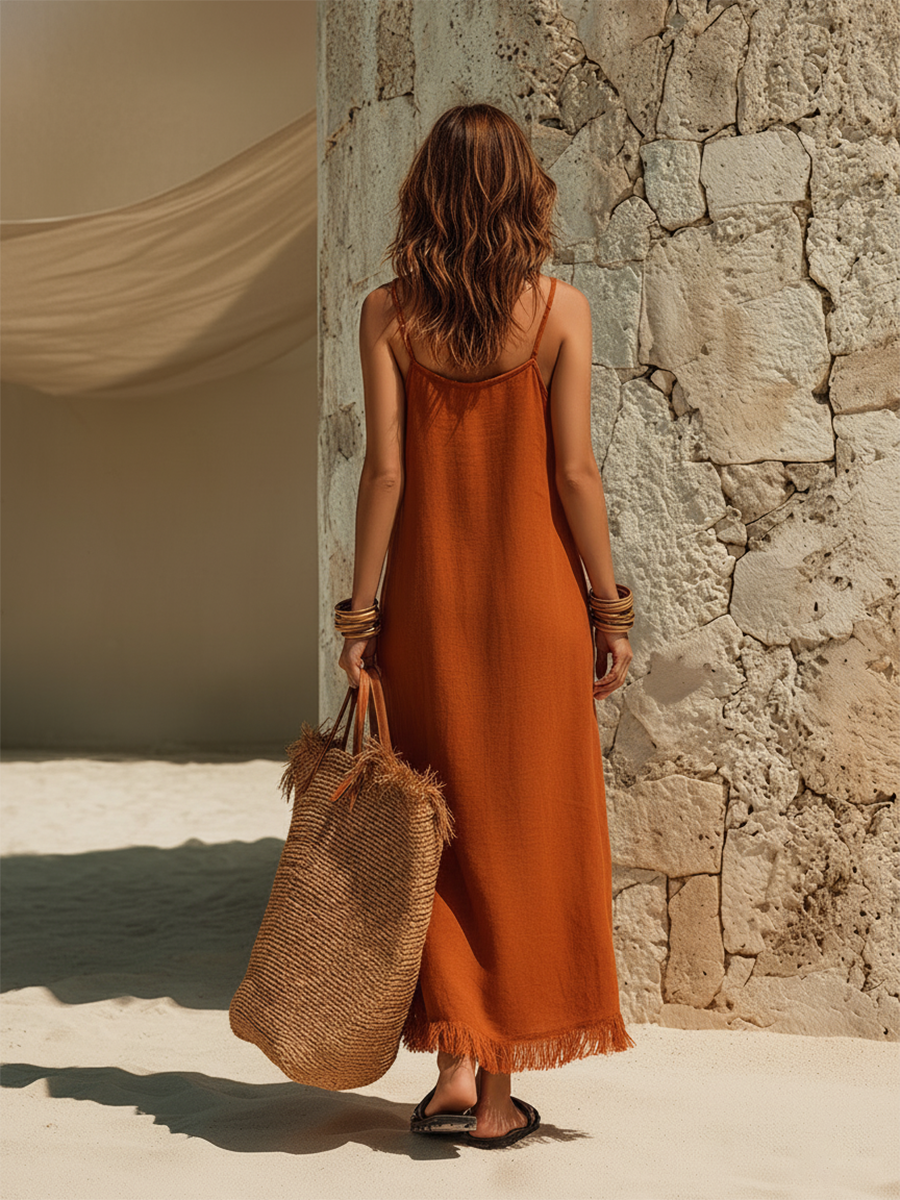Minimalist Vacation-Style Spaghetti Straps And Tasseled Hem Orange Maxi Dress
