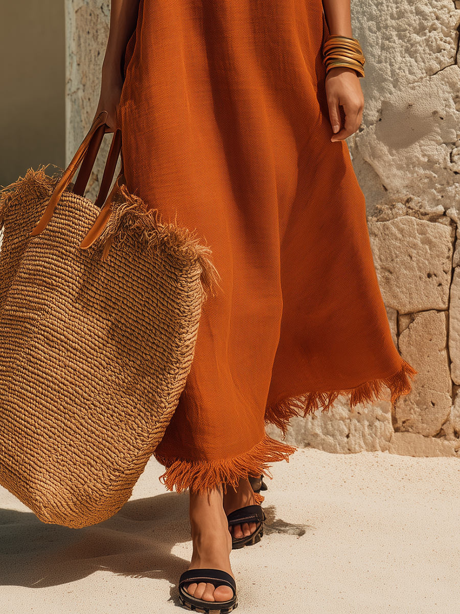 Minimalist Vacation-Style Spaghetti Straps And Tasseled Hem Orange Maxi Dress