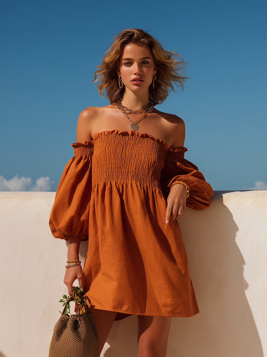 Vacation-Style Orange Loose-Fit Off-Shoulder Short-Sleeve Cotton-Linen Mini Dress