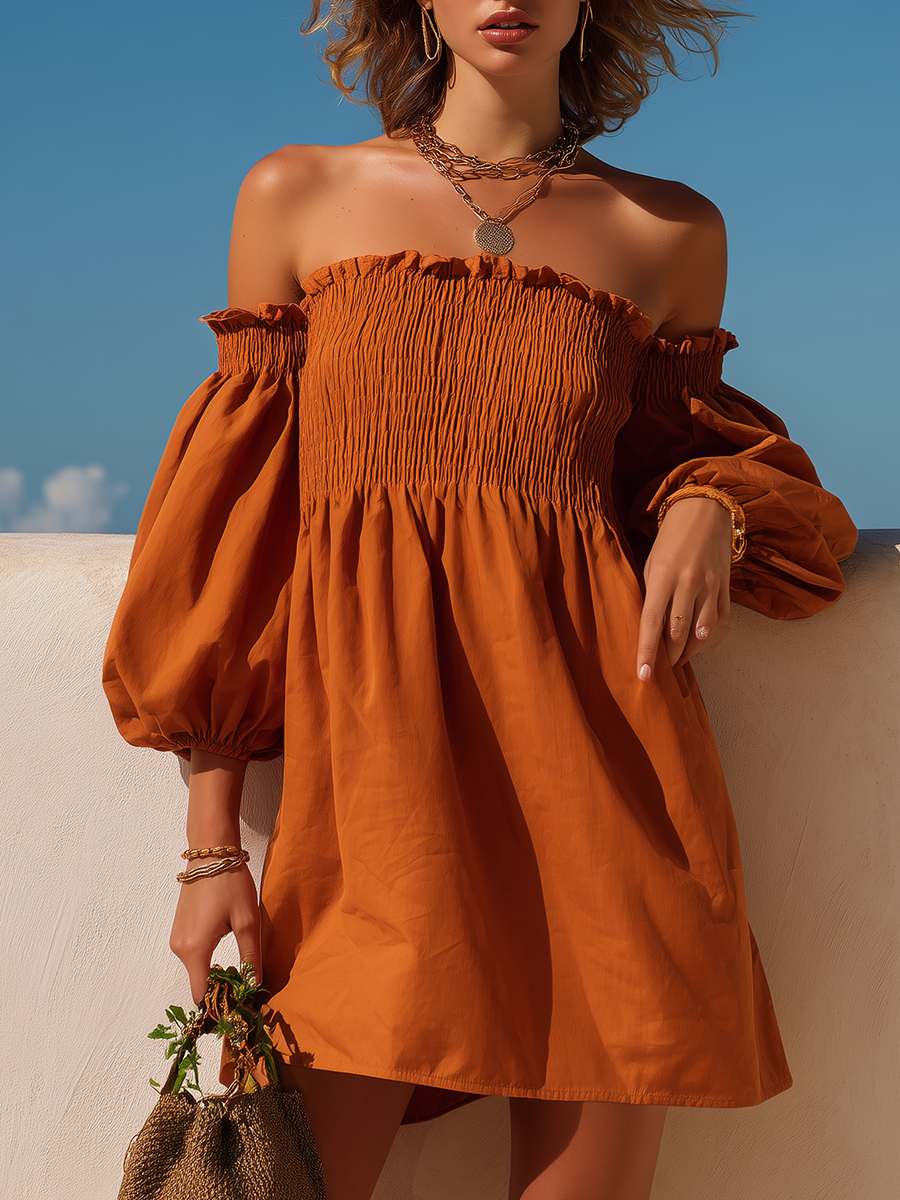 Vacation-Style Orange Loose-Fit Off-Shoulder Short-Sleeve Cotton-Linen Mini Dress