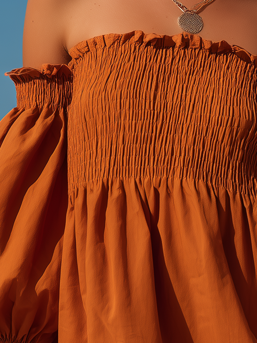 Vacation-Style Orange Loose-Fit Off-Shoulder Short-Sleeve Cotton-Linen Mini Dress