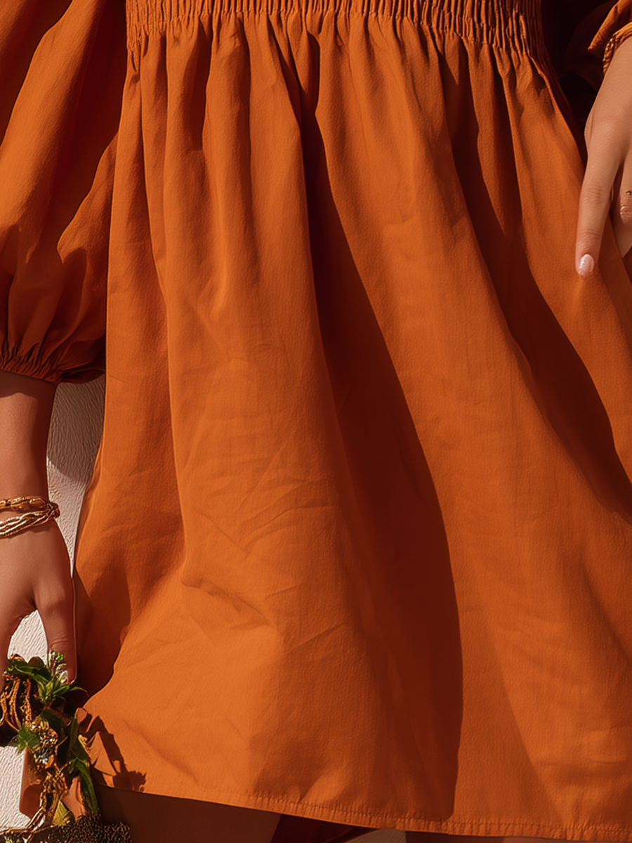 Vacation-Style Orange Loose-Fit Off-Shoulder Short-Sleeve Cotton-Linen Mini Dress