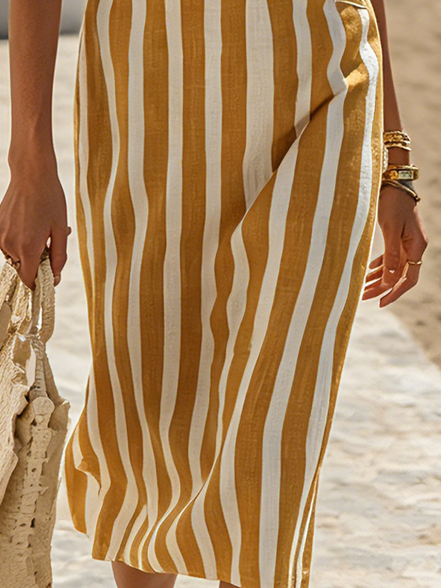 Vacation-Style Loose-Fit Orange And White Vertical-Stripe Strappy Midi Dress