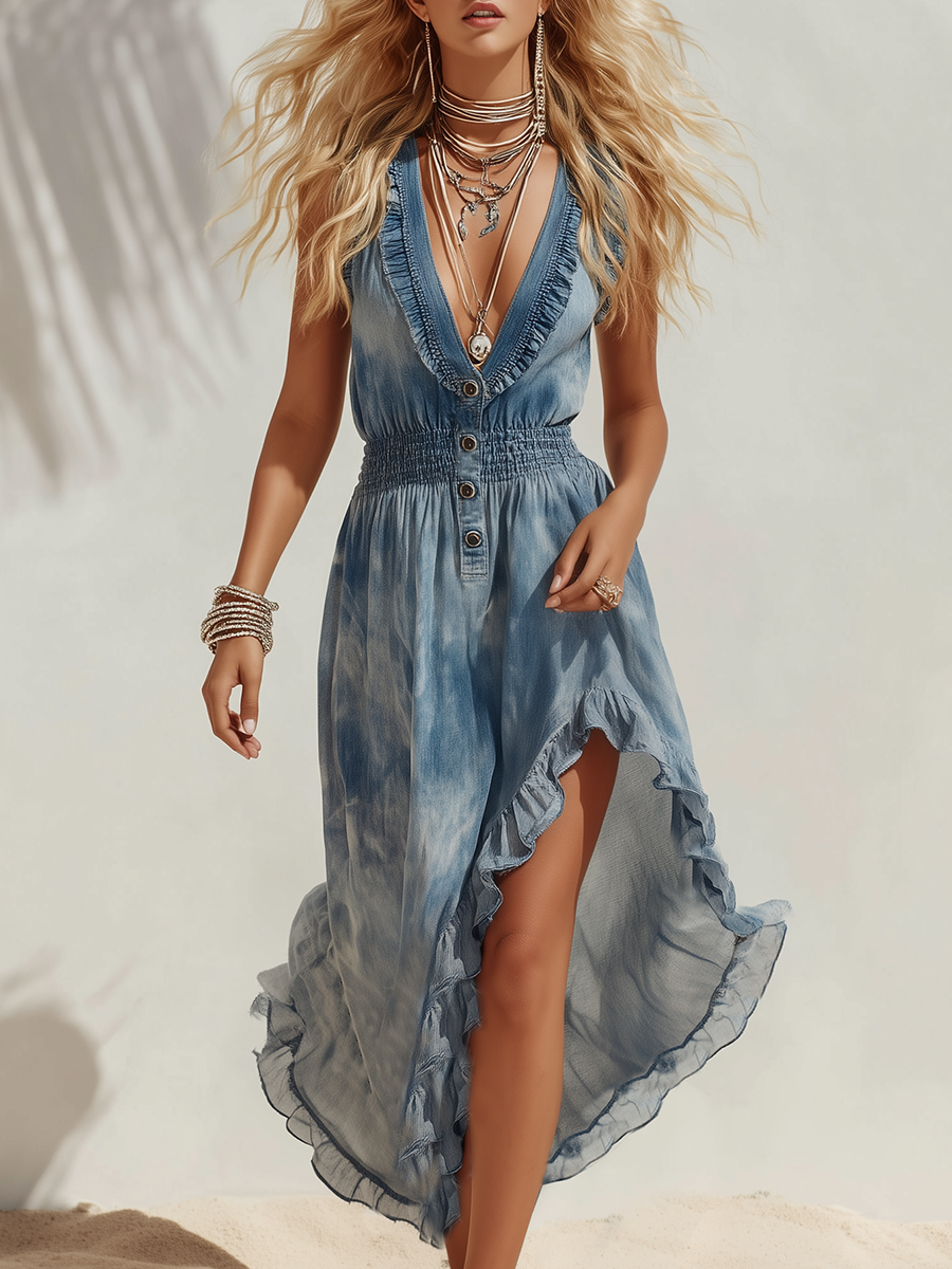 Bohemian Coast Tie-Dye Print Chiffon V-Neck Ruffle Sleeveless Midi Dress