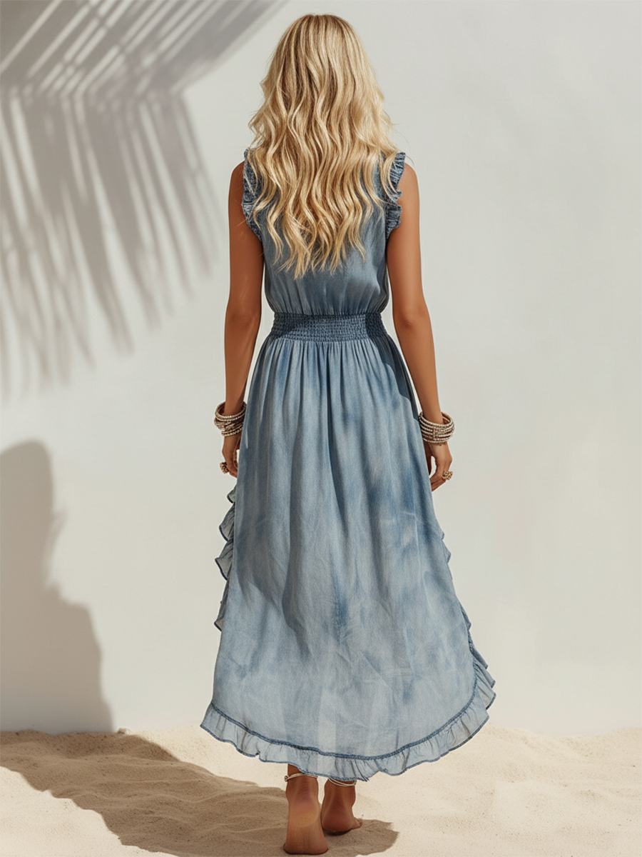 Bohemian Coast Tie-Dye Print Chiffon V-Neck Ruffle Sleeveless Midi Dress