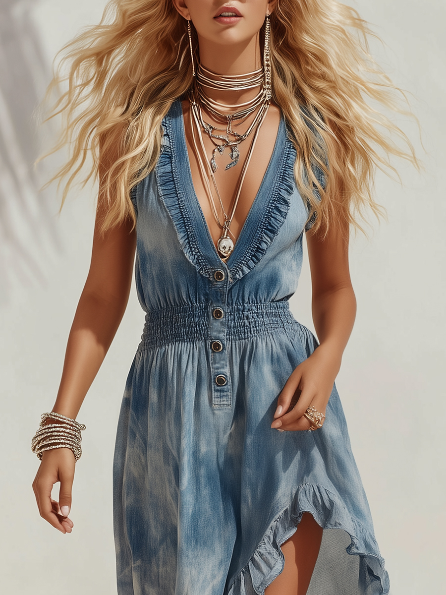 Bohemian Coast Tie-Dye Print Chiffon V-Neck Ruffle Sleeveless Midi Dress