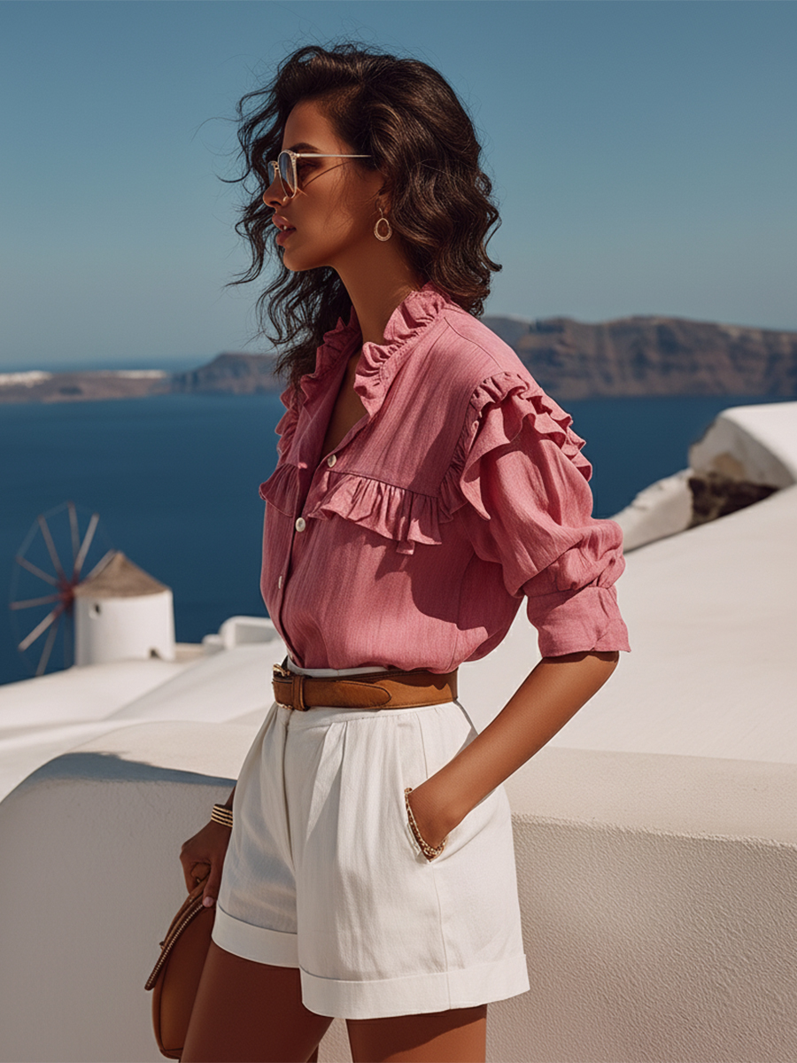 Casual Vacation Pink Cotton Linen Short-Sleeved Shirt With Ruffled Trim And White Cotton Linen Shorts Set