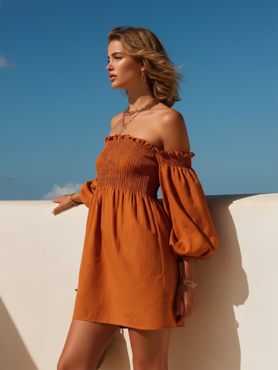 Vacation-Style Orange Loose-Fit Off-Shoulder Short-Sleeve Cotton-Linen Mini Dress