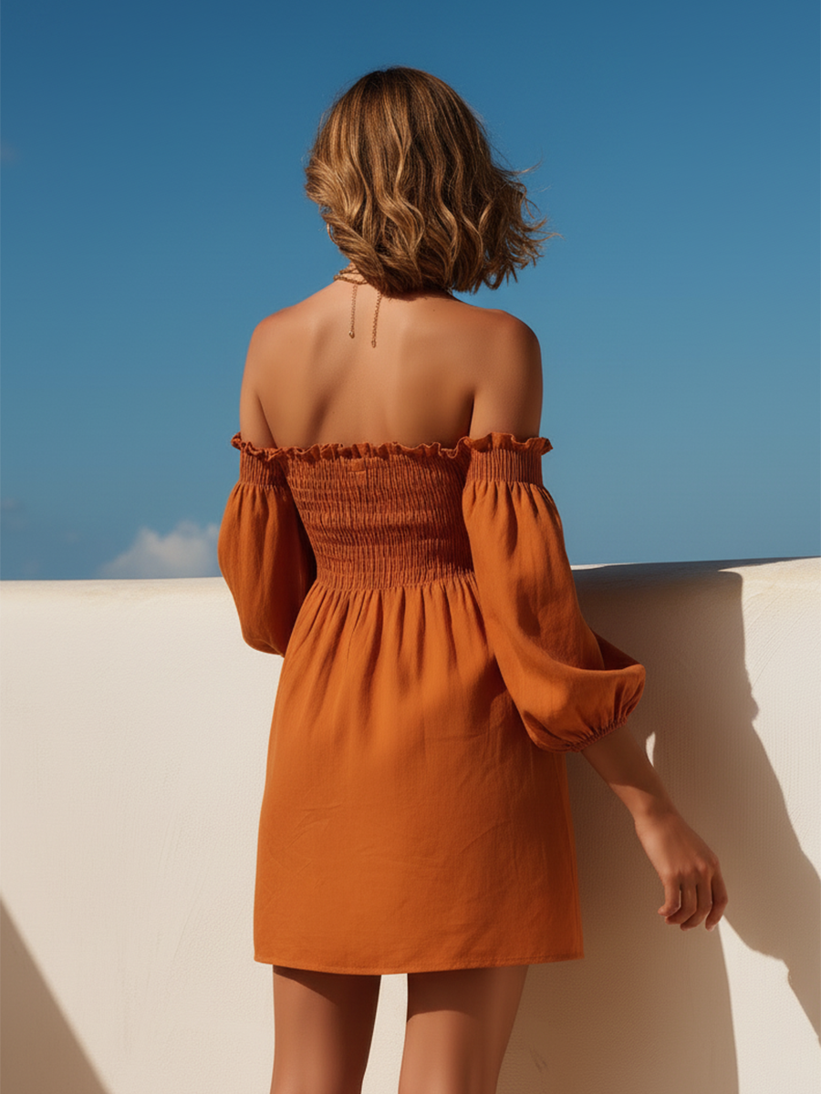 Vacation-Style Orange Loose-Fit Off-Shoulder Short-Sleeve Cotton-Linen Mini Dress