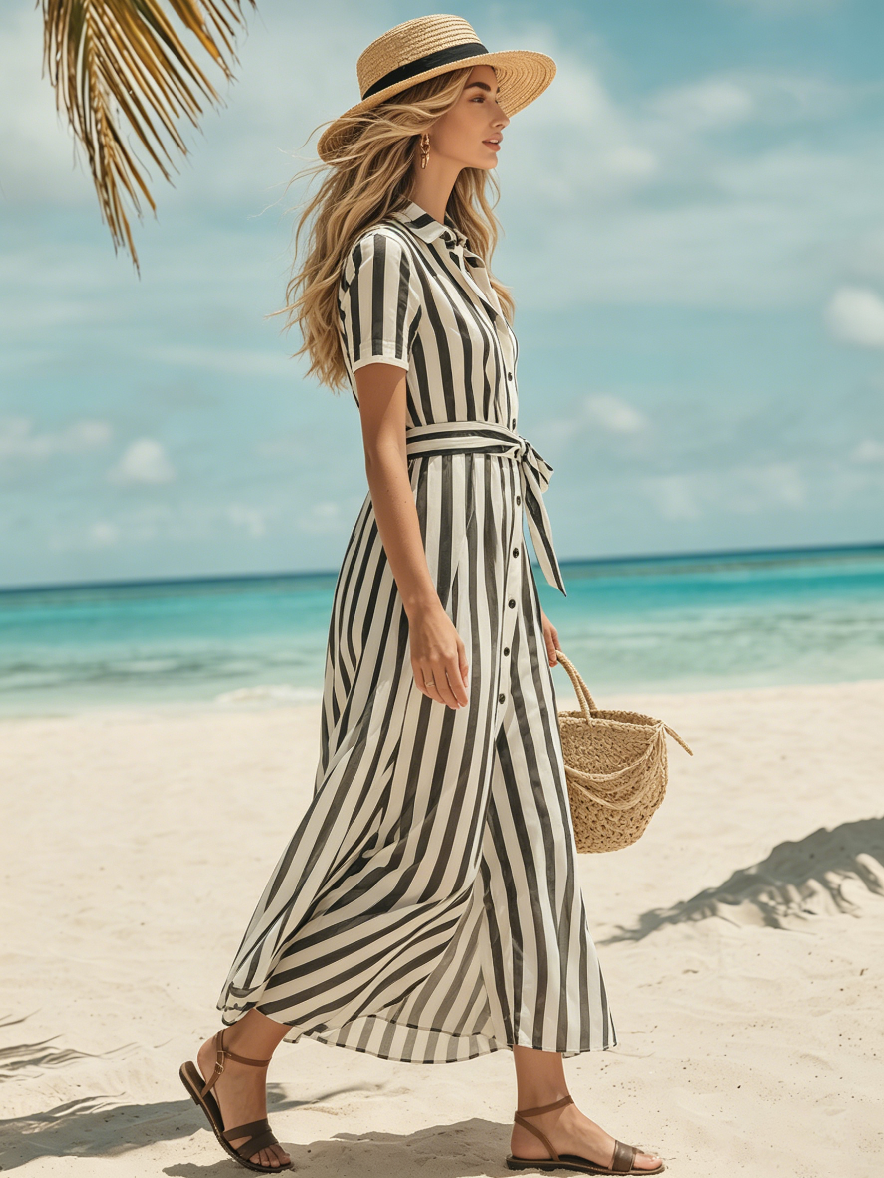 Casual Vacation Style Short-sleeved V-neck Color-blocked Striped Chiffon Maxi Dress