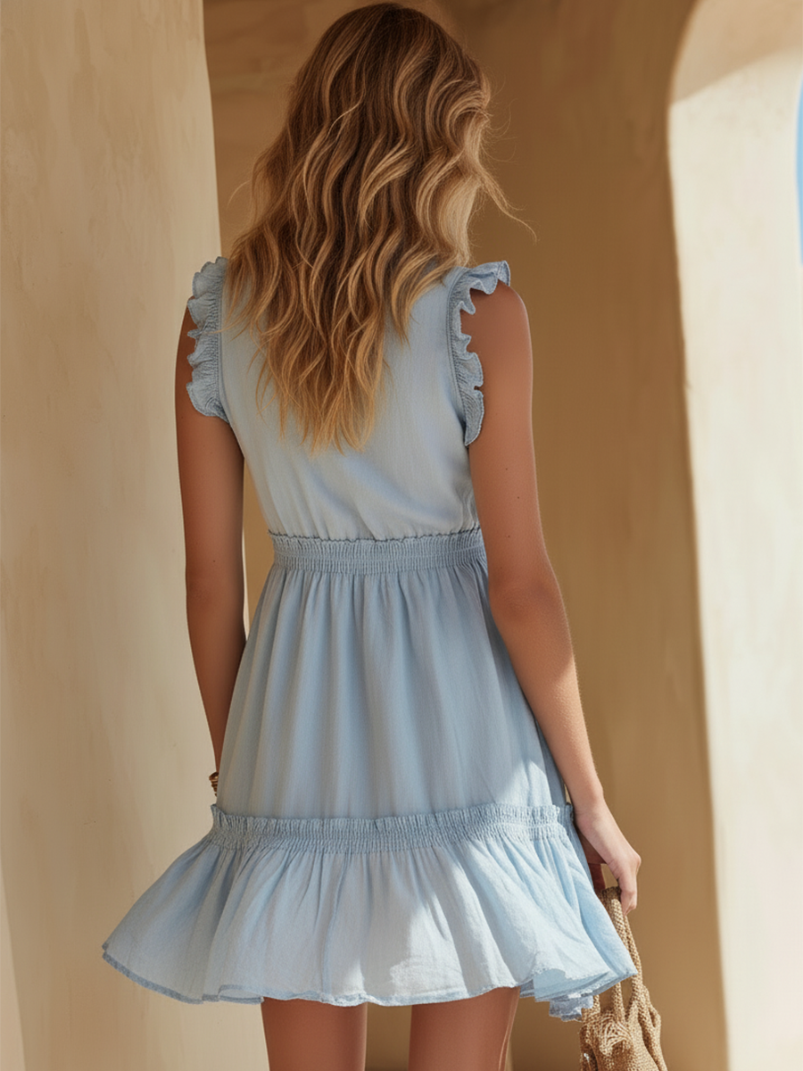 Vacation-Style Blue Cotton-Linen Sleeveless V-Neck Mini Dress