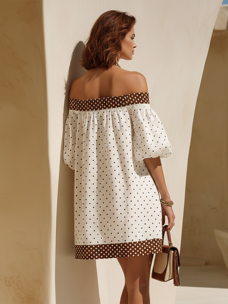 Vacation-Style Loose-Fit Off-Shoulder Short-Sleeve White And Brown Polka-Dot Mini Dress