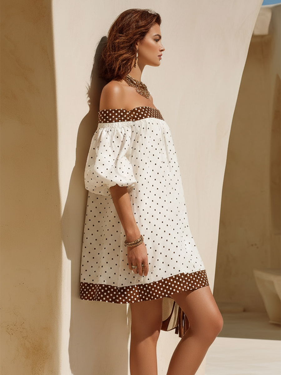 Vacation-Style Loose-Fit Off-Shoulder Short-Sleeve White And Brown Polka-Dot Mini Dress