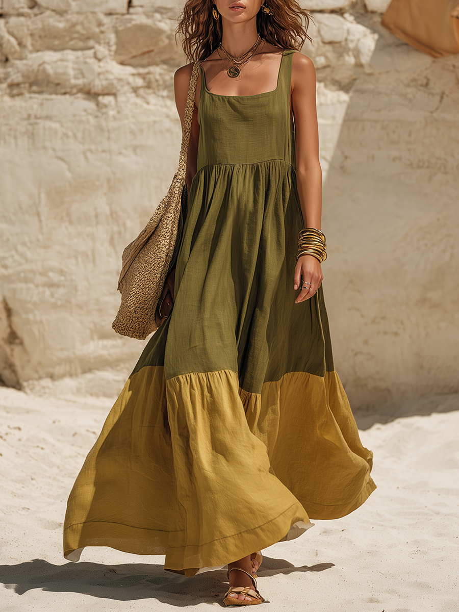 Vacation-Style Color-Block Patchwork Square-Neck Sleeveless Maxi Dress