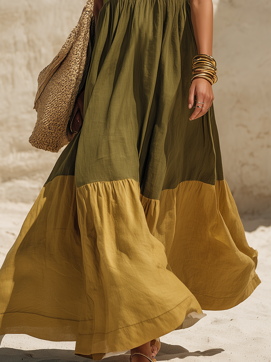 Vacation-Style Color-Block Patchwork Square-Neck Sleeveless Maxi Dress