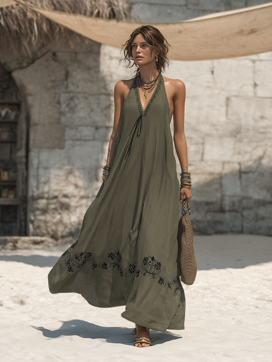 Retro Bohemian Black Embroidered V-Neck Sleeveless Cotton-Linen Maxi Dress