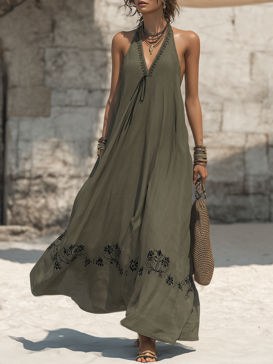 Retro Bohemian Black Embroidered V-Neck Sleeveless Cotton-Linen Maxi Dress