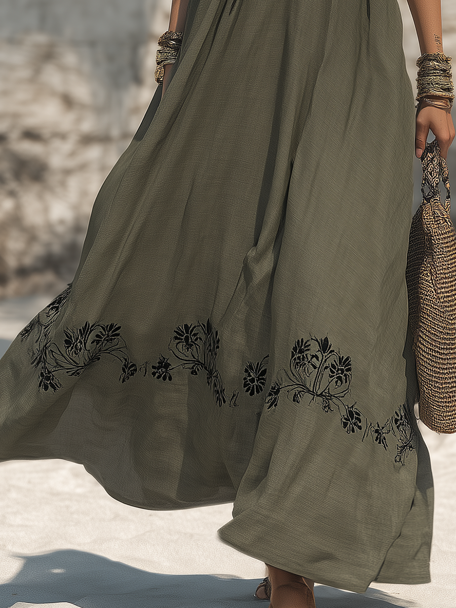 Retro Bohemian Black Embroidered V-Neck Sleeveless Cotton-Linen Maxi Dress