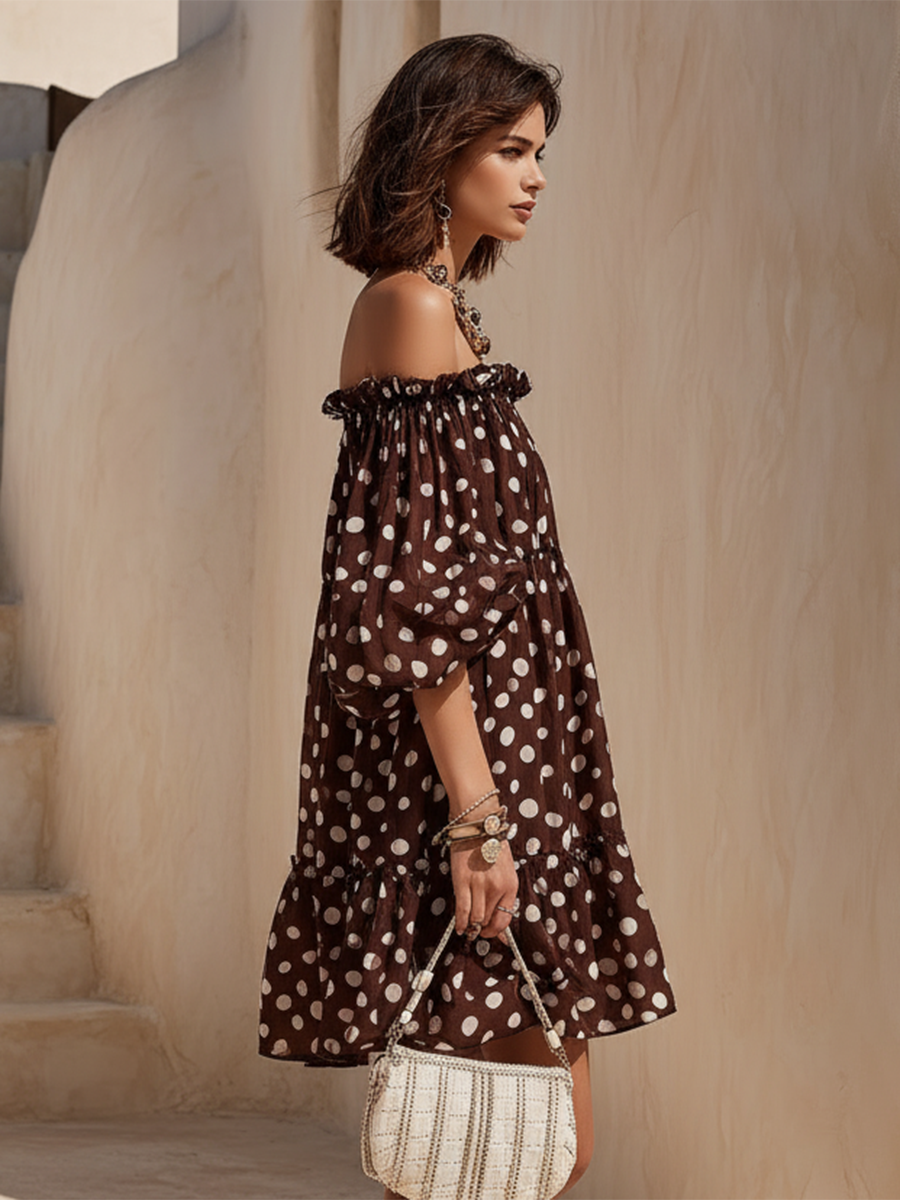Vacation-Style Loose-Fit Off-Shoulder Short-Sleeve Polka-Dot Mini Dress
