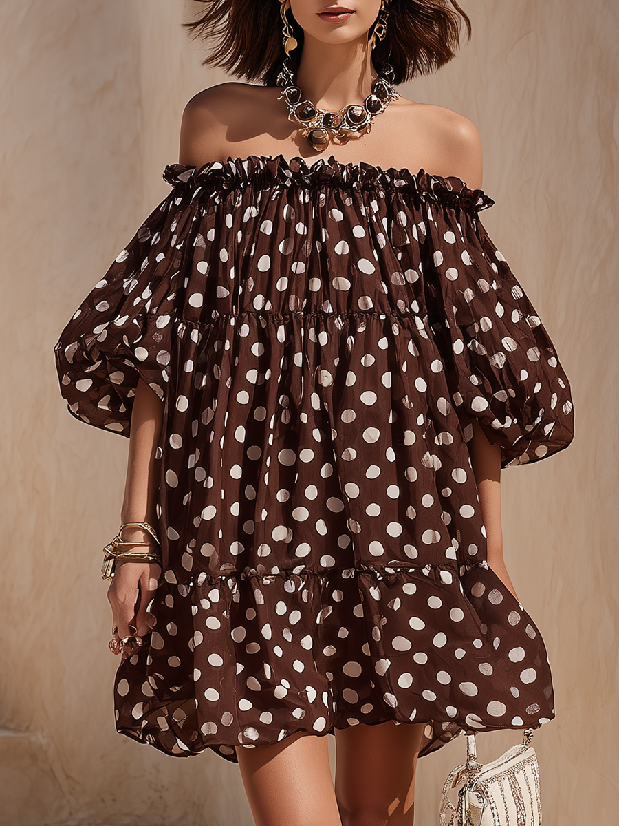 Vacation-Style Loose-Fit Off-Shoulder Short-Sleeve Polka-Dot Mini Dress