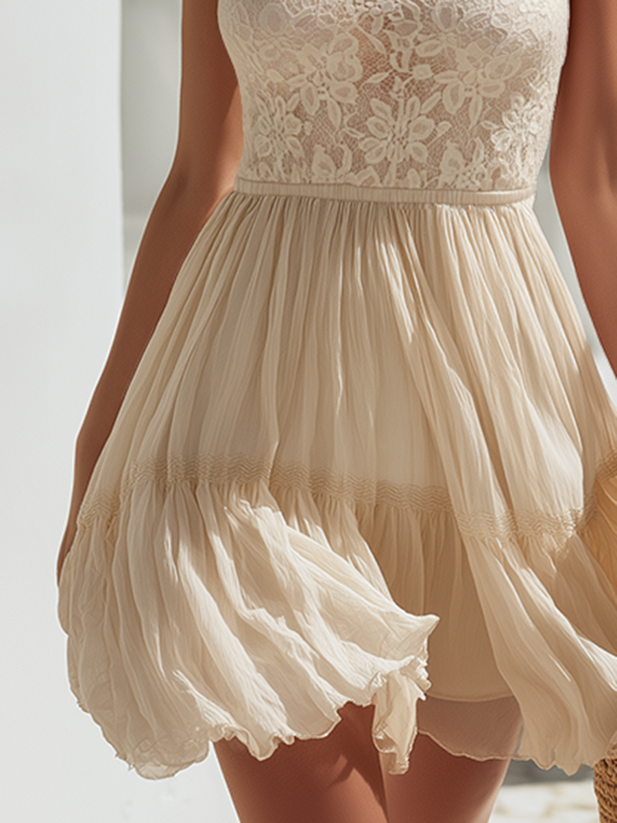 Romantic Bohemian Flowing Hem Sleeveless Lace Mini Dress