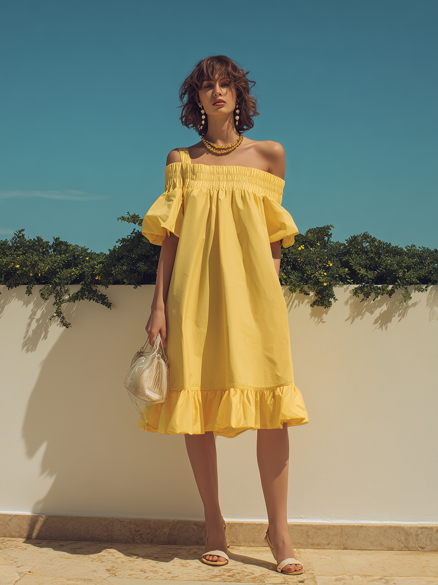 Vacation-Style Loose-Fit Yellow Off-the-Shoulder Short-Sleeve Midi Dress