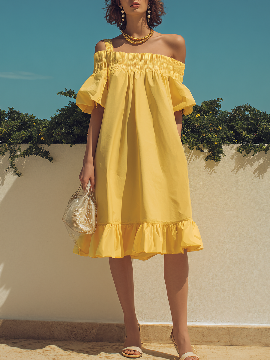 Vacation-Style Loose-Fit Yellow Off-the-Shoulder Short-Sleeve Midi Dress