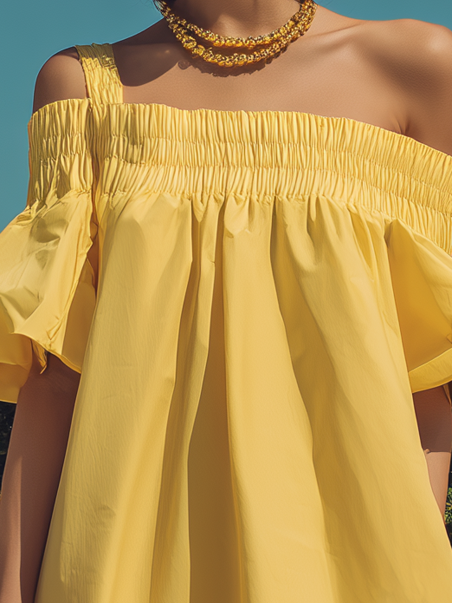 Vacation-Style Loose-Fit Yellow Off-the-Shoulder Short-Sleeve Midi Dress