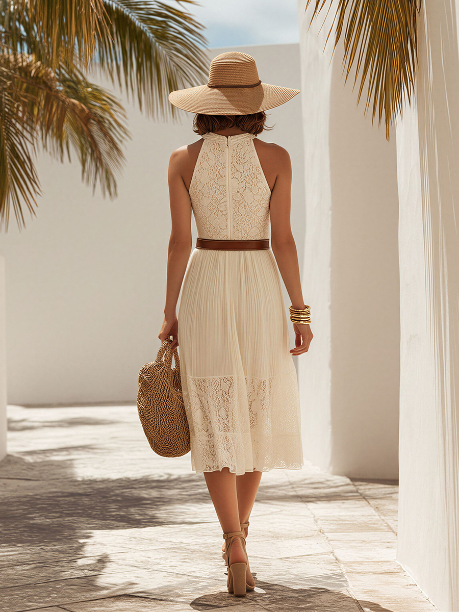 Romantic Bohemian V-Neck Pleated Hem Lace Midi Dress