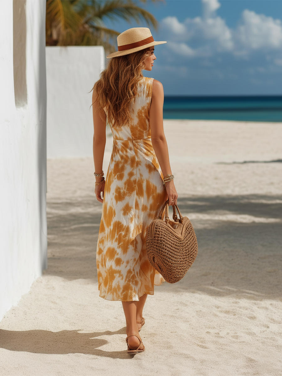 Vacation-Style V-Neck Sleeveless Printed Chiffon Midi Dress