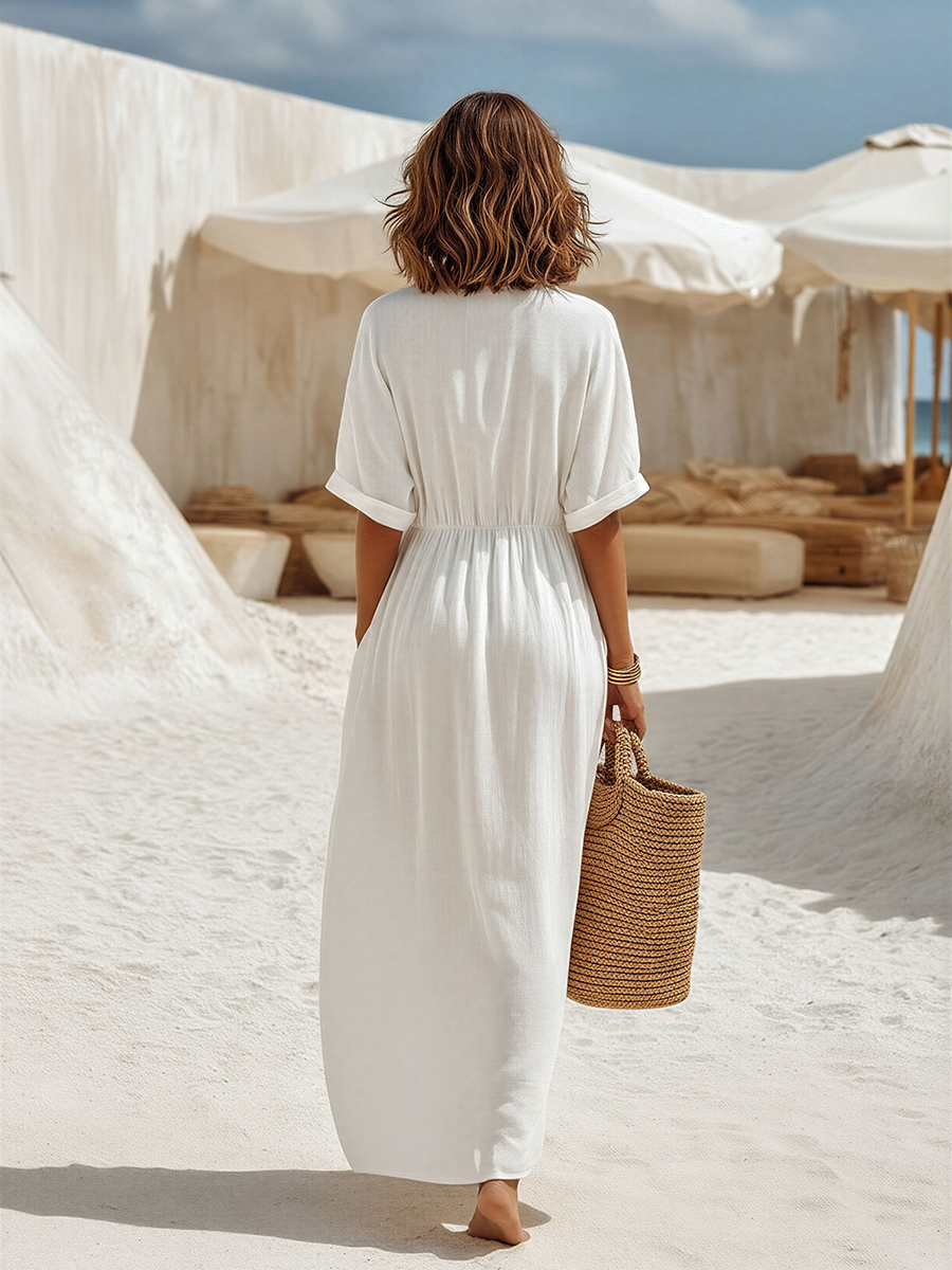 Minimalist Vacation-Style Short-Sleeve Front Zipper White Cotton-Linen Maxi Dress