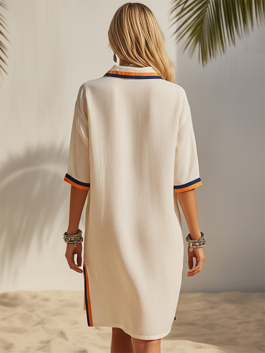 Nautical Coast White Cotton Linen Short-Sleeve Collared Color-Blocked Mini Dress