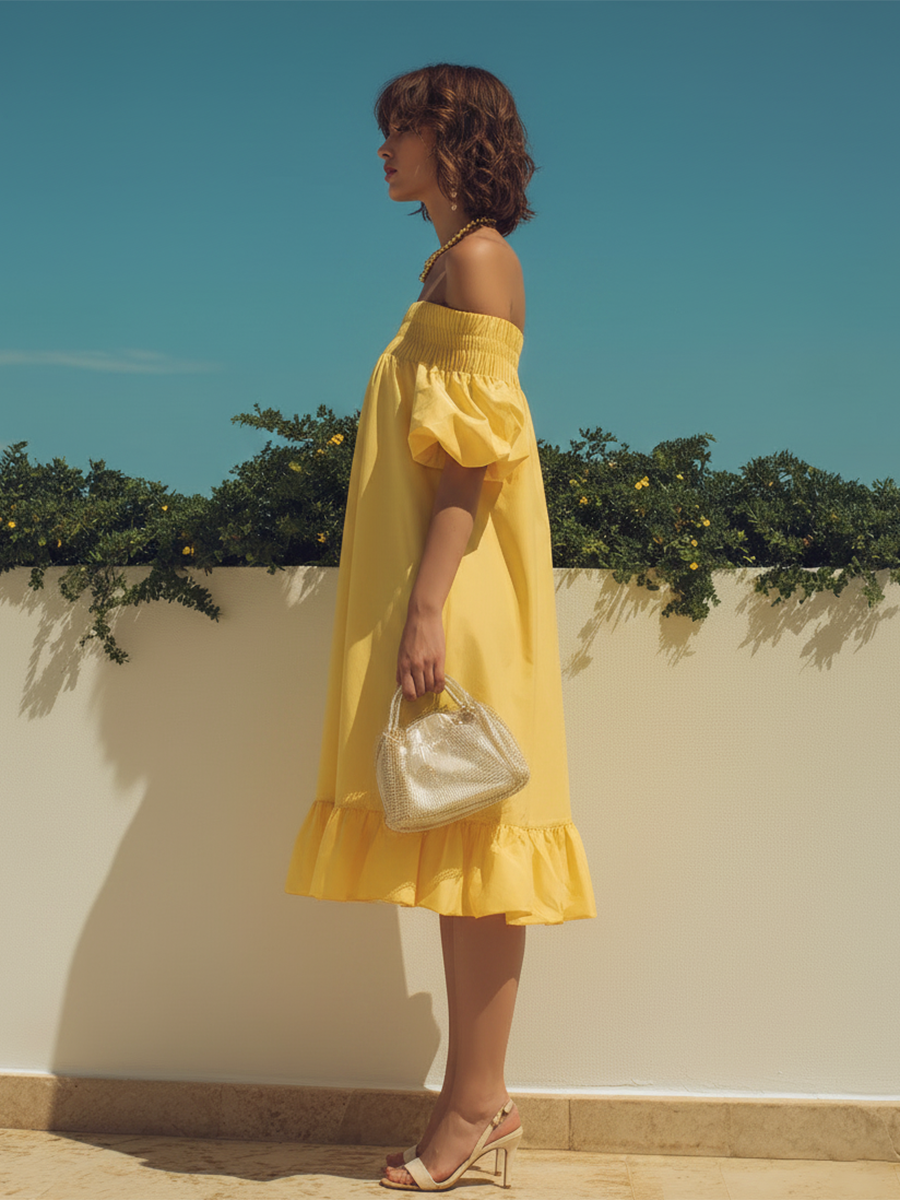 Vacation-Style Loose-Fit Yellow Off-the-Shoulder Short-Sleeve Midi Dress