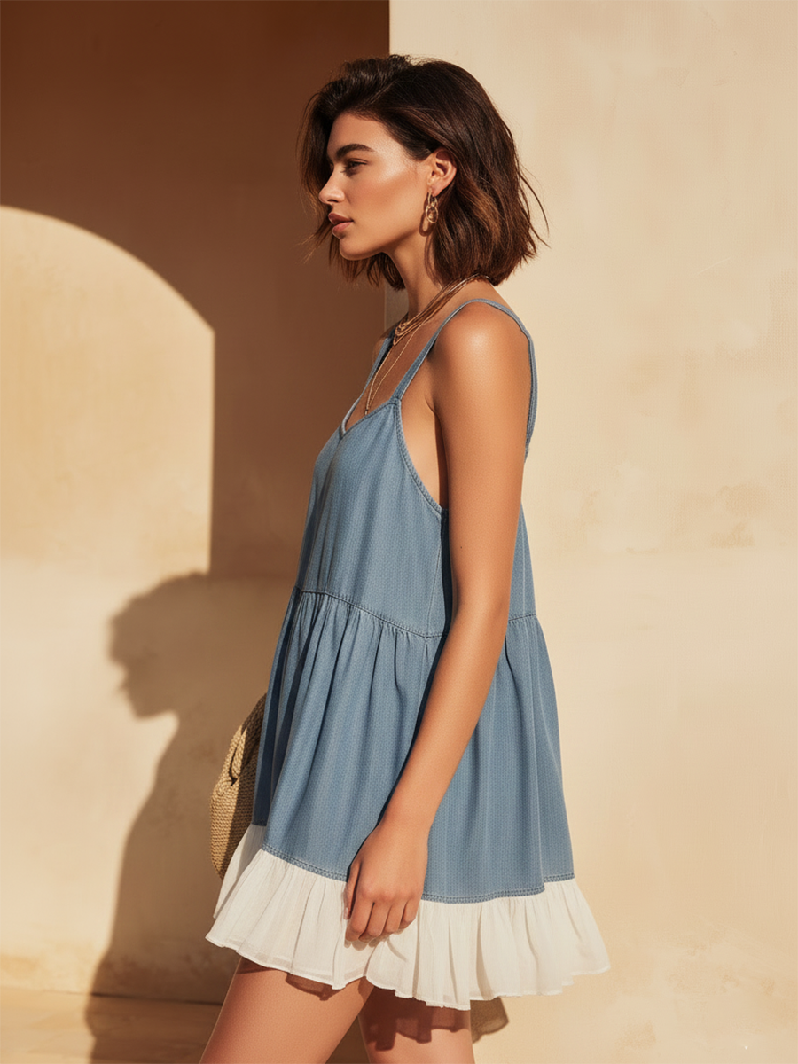 Vacation-Style Blue Strappy Color-Block Mini Dress