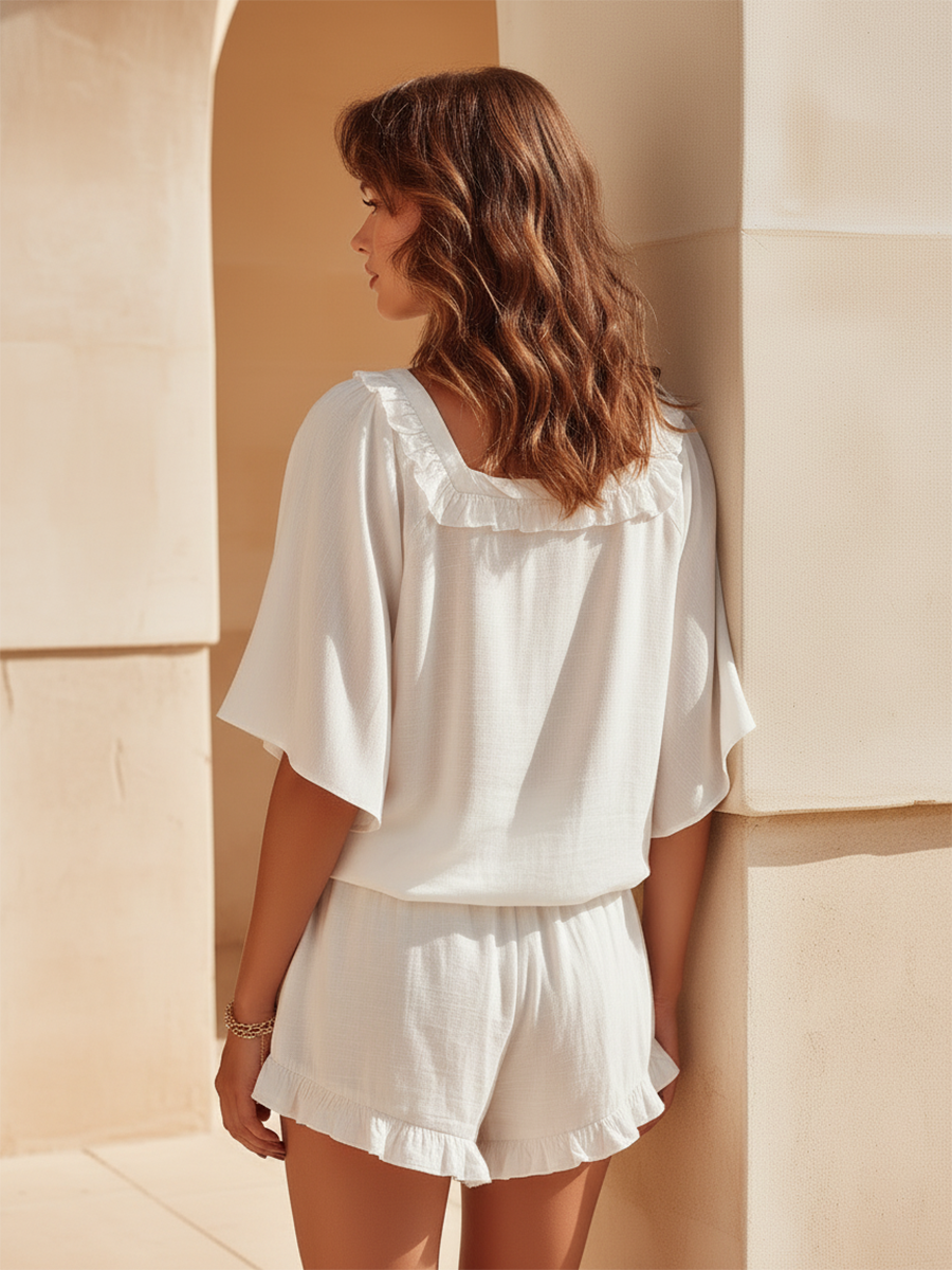 Vacation-Style White Loose-Fit Square-Neck Short-Sleeve Top And Shorts Set
