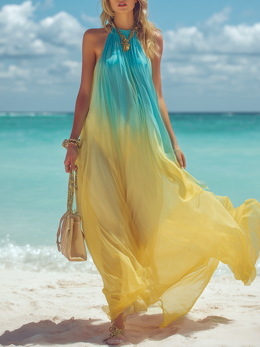 Resort-style Round Neck Sleeveless Gradient Chiffon Maxi Dress