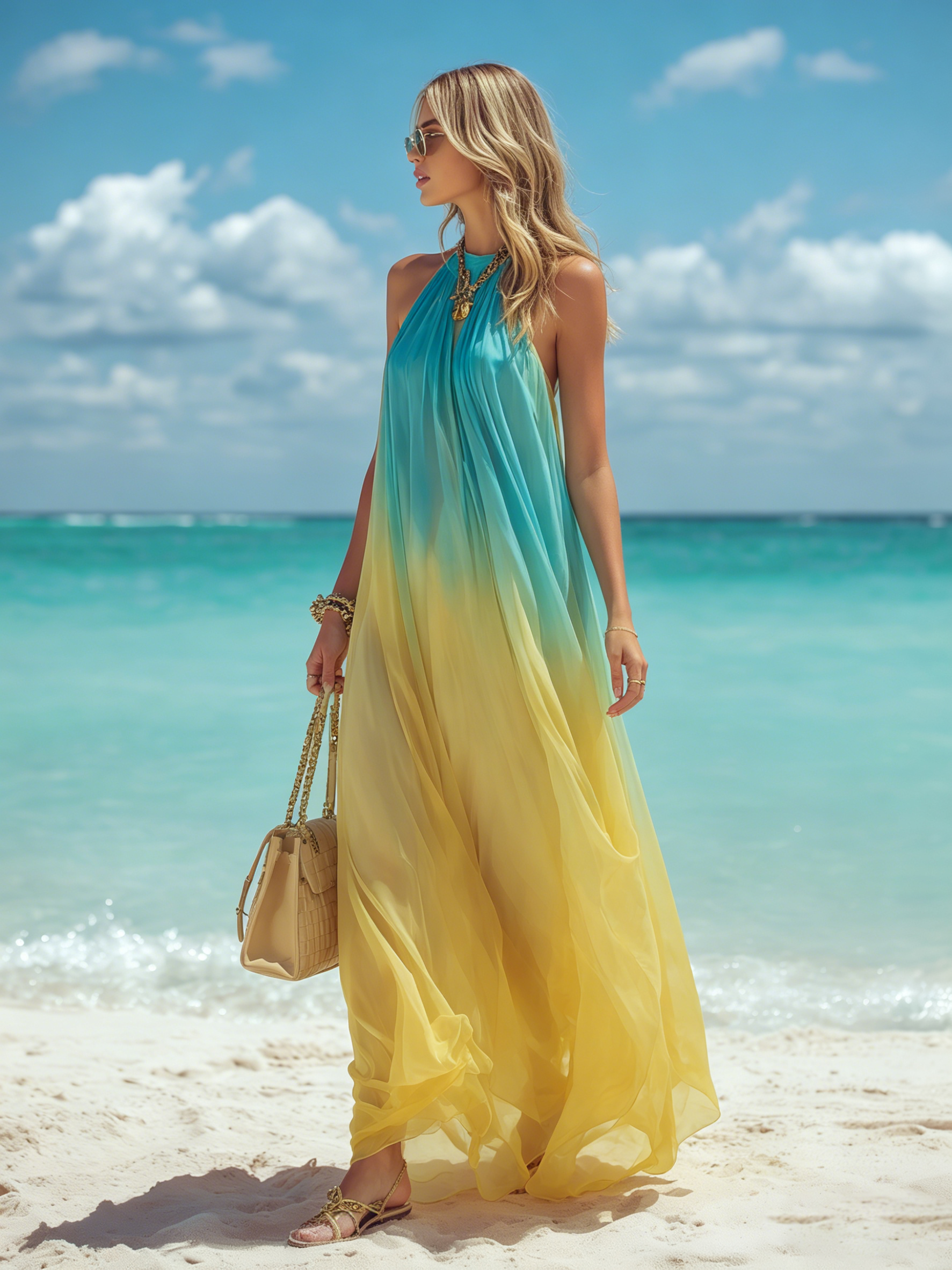 Resort-style Round Neck Sleeveless Gradient Chiffon Maxi Dress