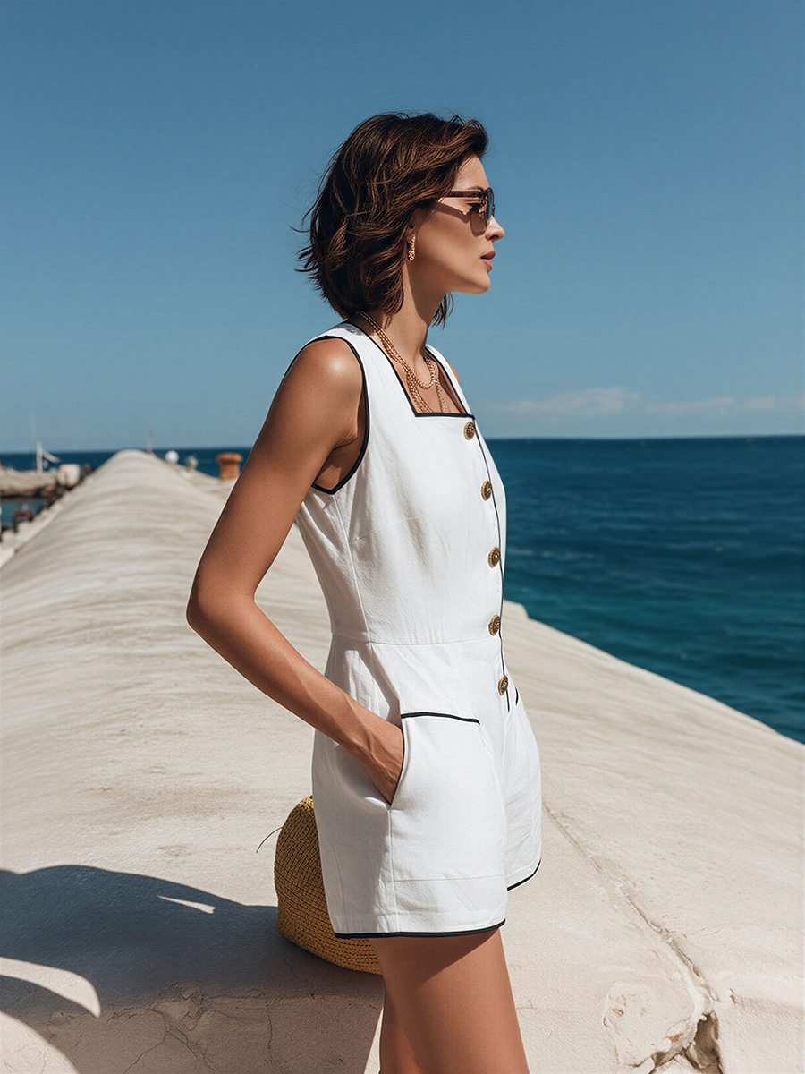 Retro Vacation-Style Square Neckline And Black Trim Sleeveless Romper