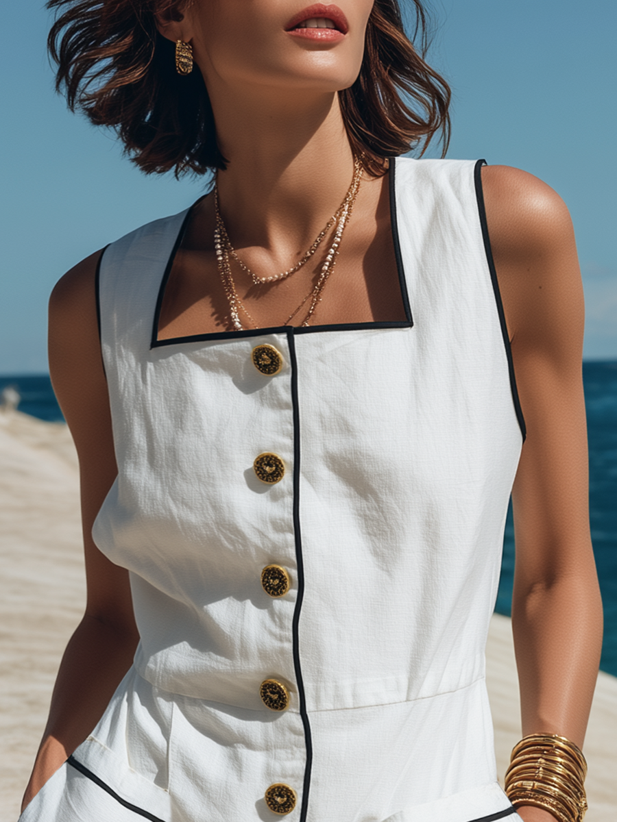 Retro Vacation-Style Square Neckline And Black Trim Sleeveless Romper