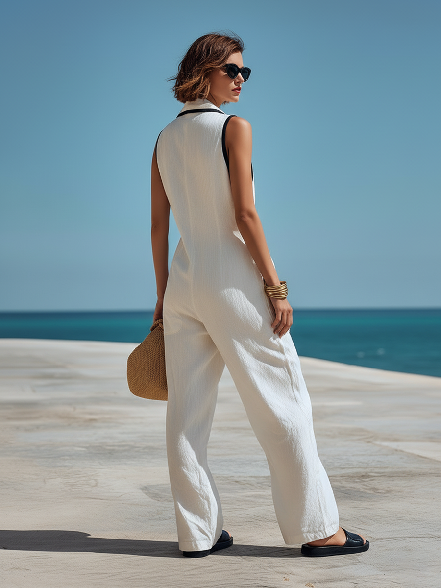 Casual Chic Black-Trimmed Lapel Sleeveless Wide-Leg Jumpsuit