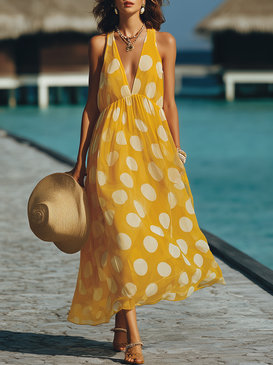 Vacation-Style V-Neck Yellow Chiffon Polka Dot Print Sleeveless Midi Dress