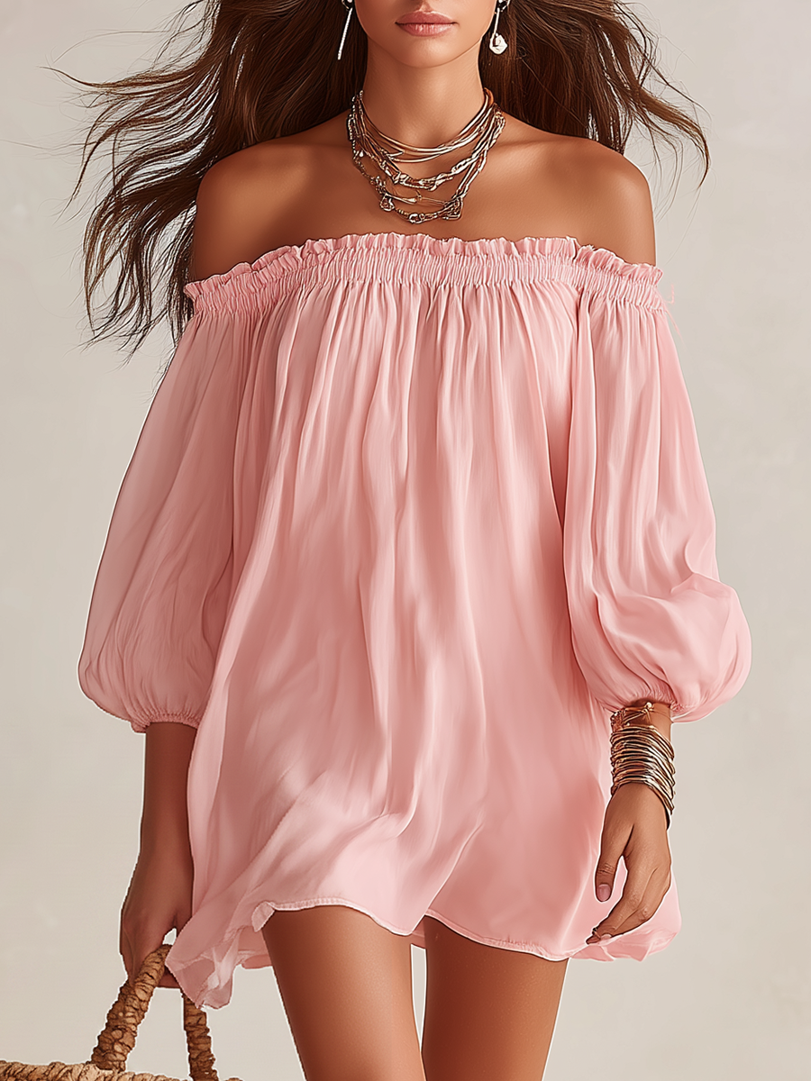 Casual Vacation Style Off-shoulder Lantern Short-sleeved Chiffon Mini Dress
