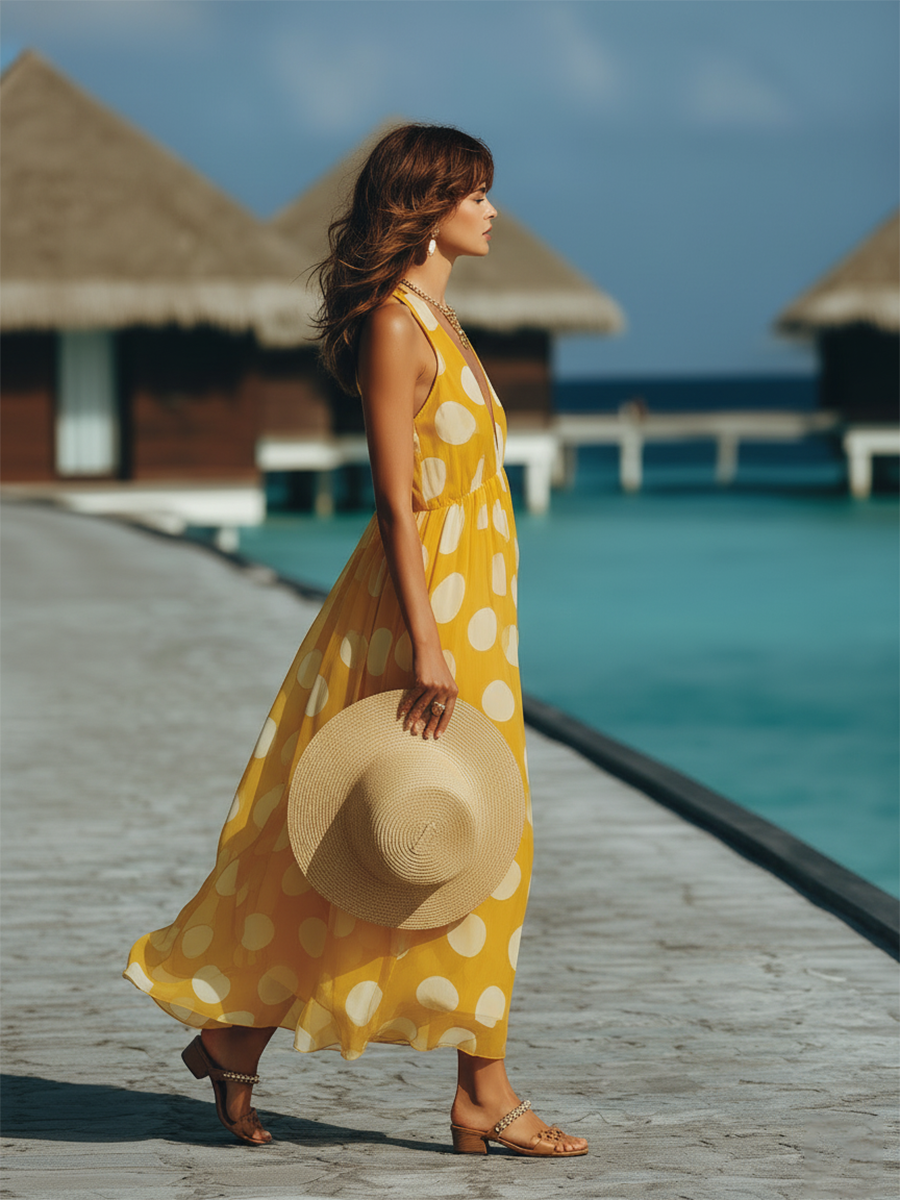 Vacation-Style V-Neck Yellow Chiffon Polka Dot Print Sleeveless Midi Dress