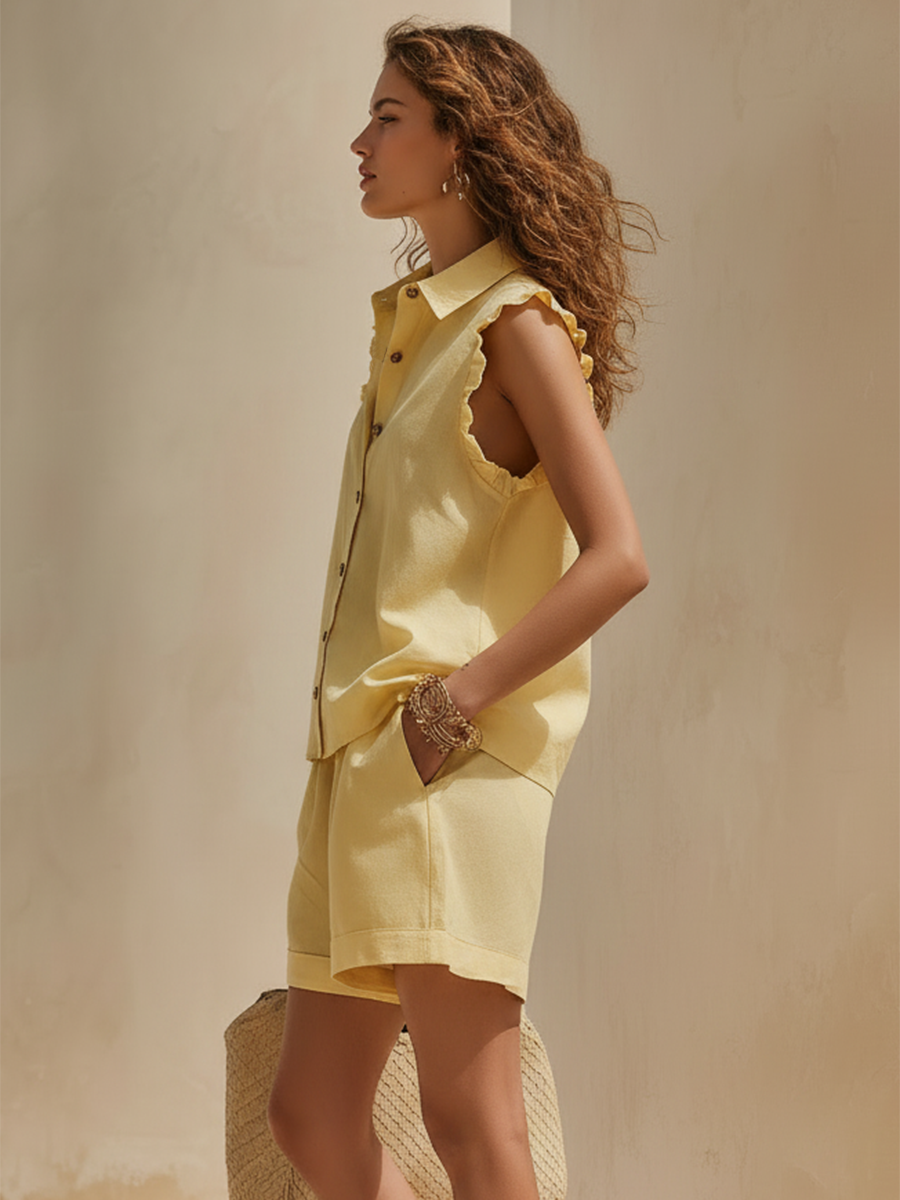 Vacation-Style Yellow V-Neck Loose Top And Shorts Set
